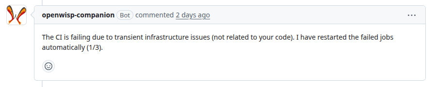 openwisp-companion: The CI is failing due to transient infrastructure issues (not related to your code). I have restarted the failed jobs automatically (1/3).