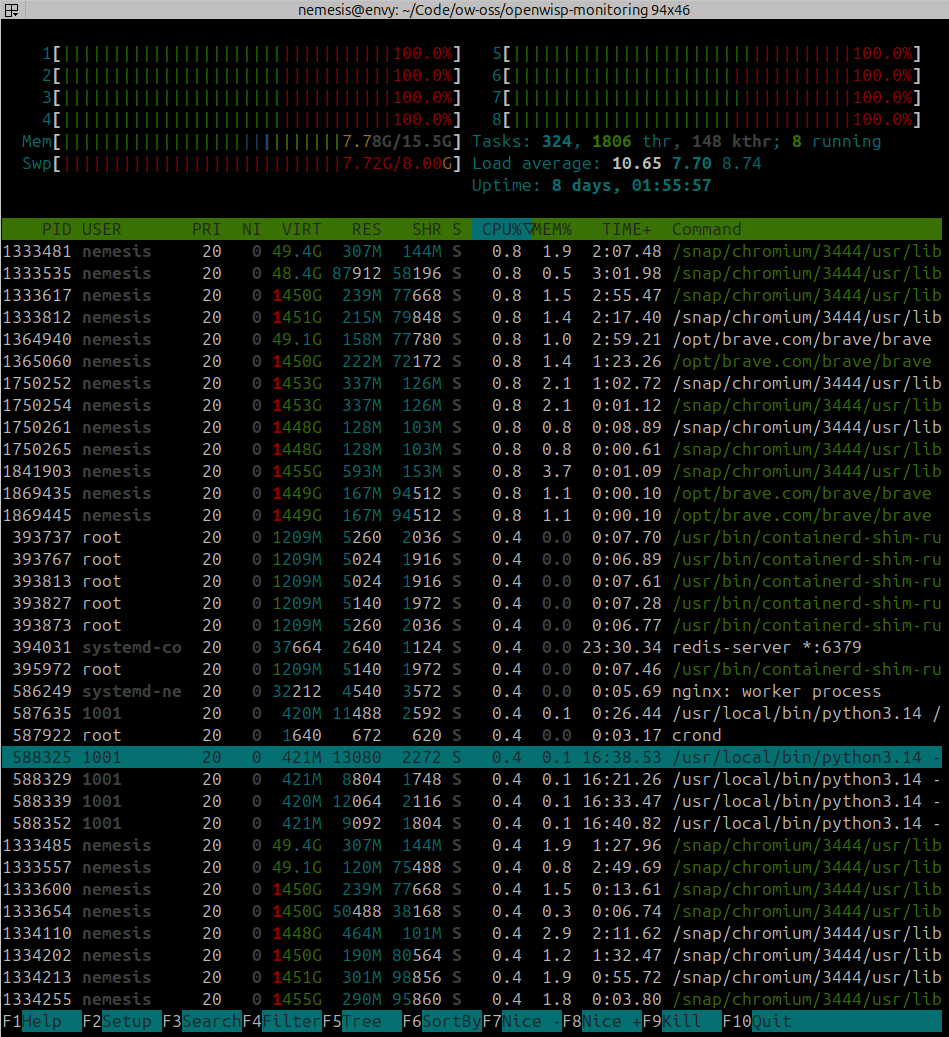 htop during flaky test brute force