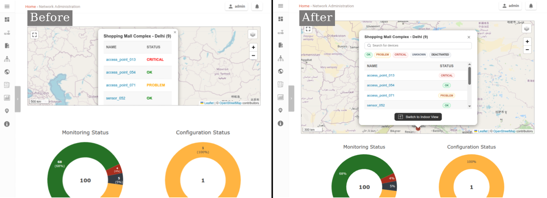 Improved Dashboard Map UI before and after in OpenWISP