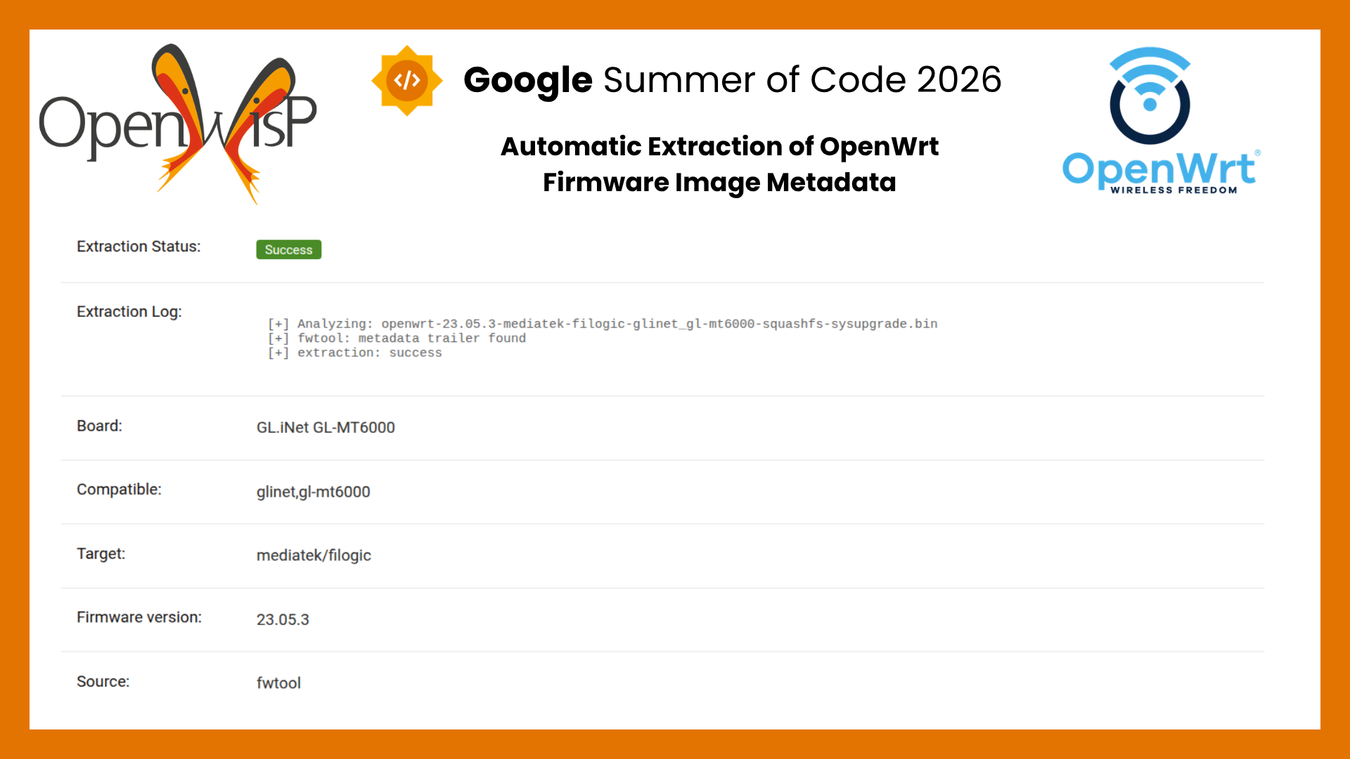 Google Summer of Code, Automatic Metadata Extraction of OpenWrt Firmware Image Metadata in OpenWISP