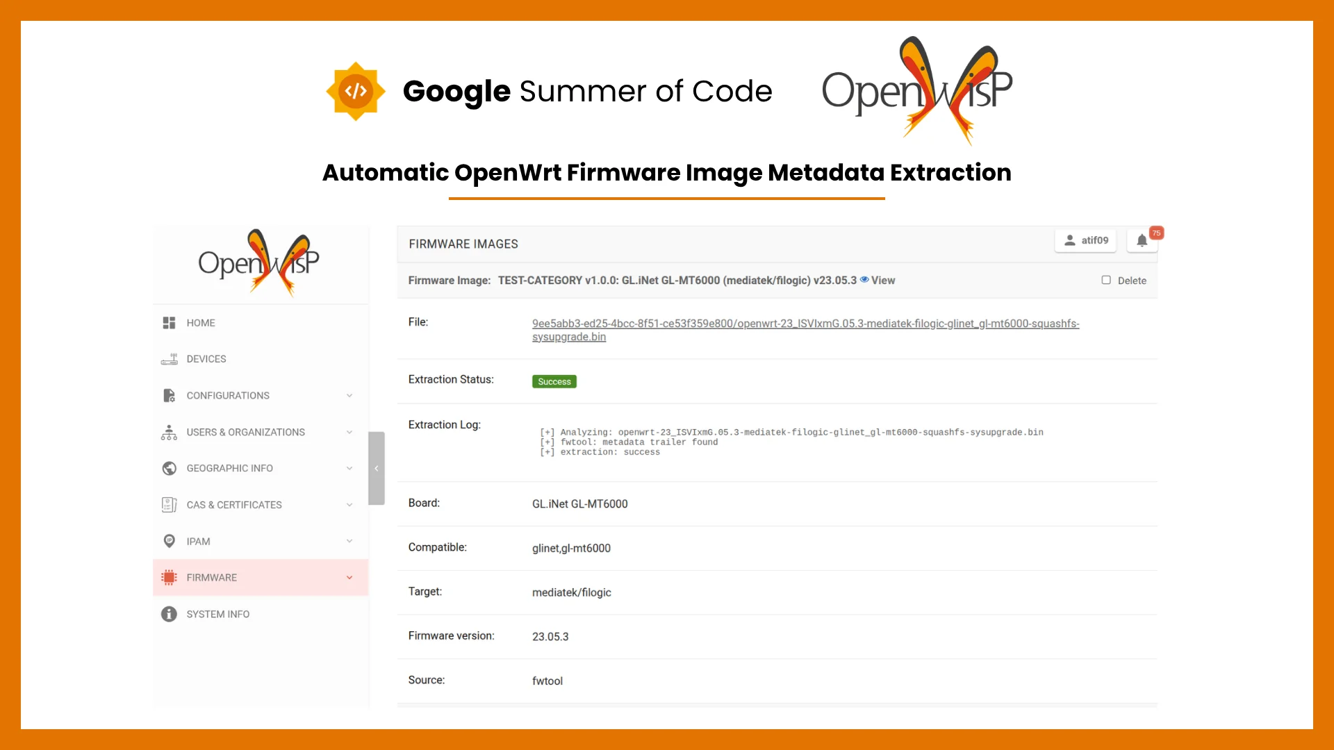 Google Summer of Code, Automatic Metadata Extraction of OpenWrt Firmware Image Metadata in OpenWISP