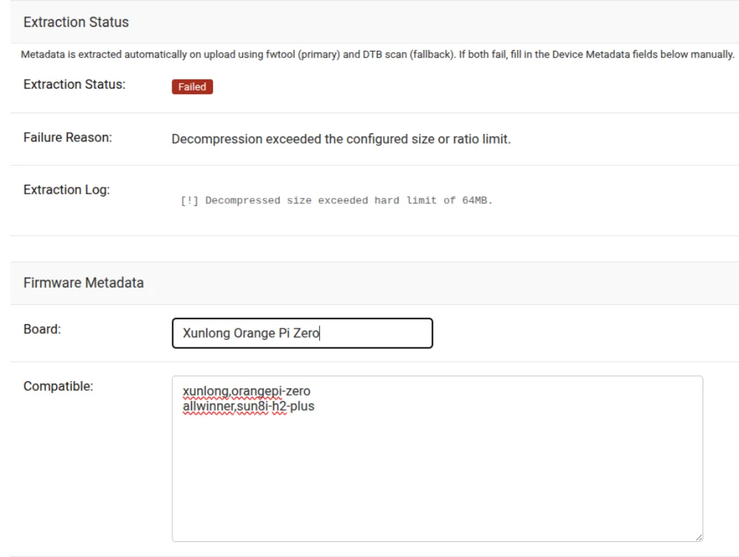 Extraction log showing a failed status with the reason, e.g. decompression limit exceeded