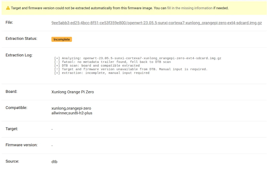 Extraction log showing a DTB fallback after the fwtool trailer was missing or unusable