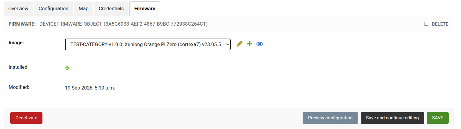 Firmware tab in the Device page showing the paired firmware image