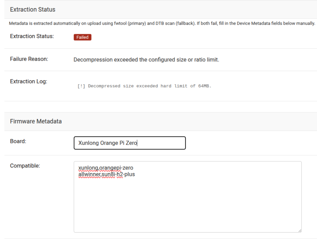 Extraction log showing a failed status with the reason, e.g. decompression limit exceeded