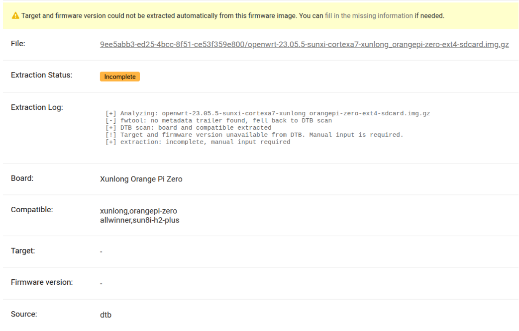 Extraction log showing a DTB fallback after the fwtool trailer was missing or unusable