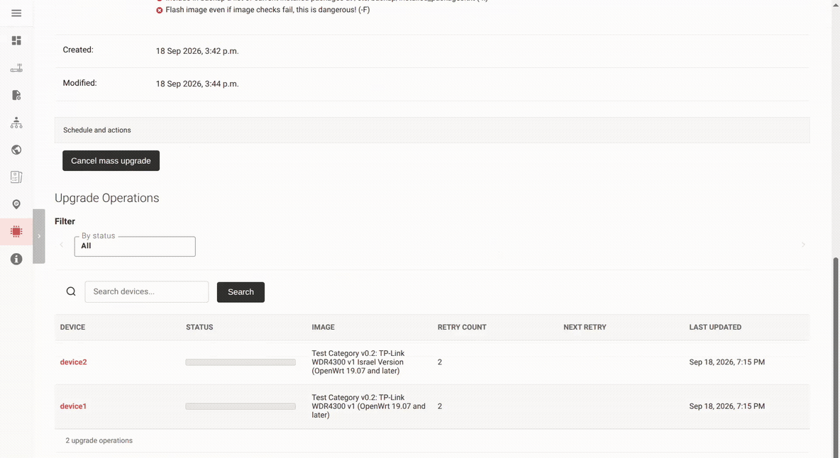 Cancelling a pending persistent upgrade for one device from the admin; the operation moves to cancelled