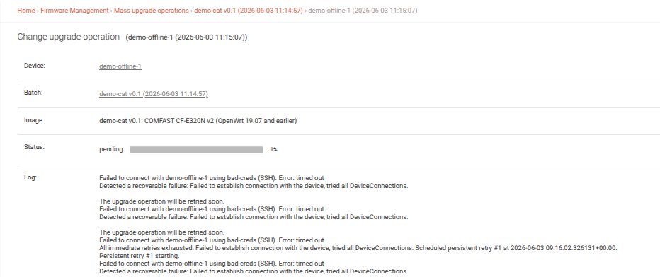 A pending upgrade operation, its log showing each scheduled retry attempt