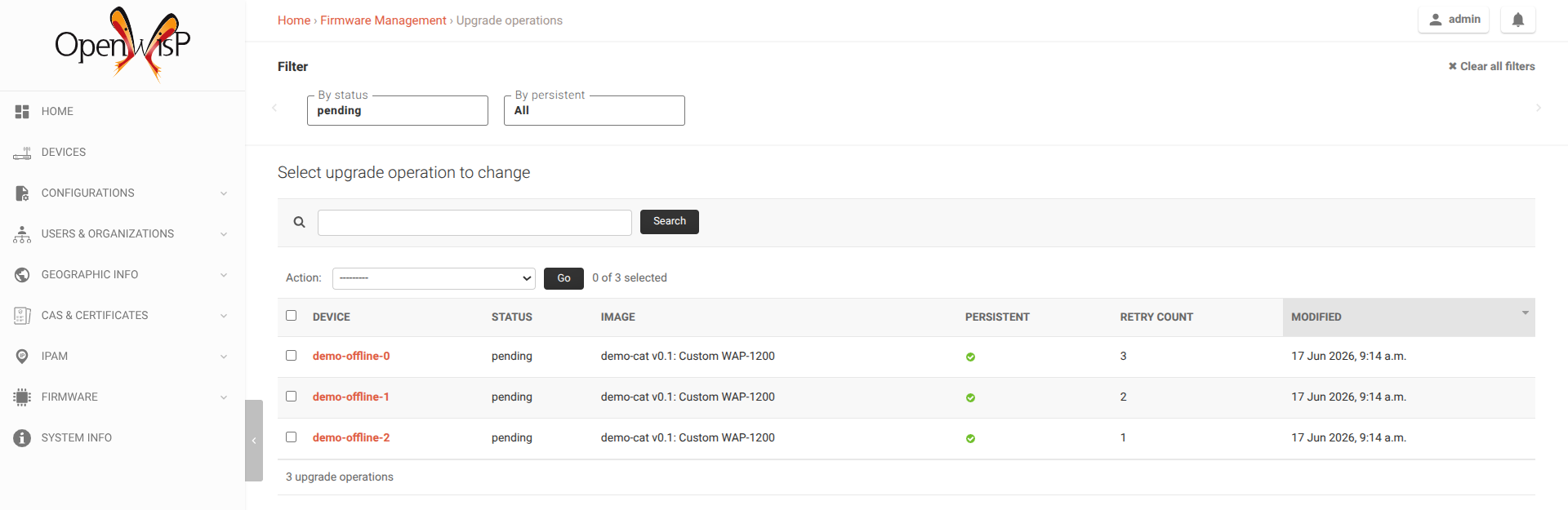 Upgrade operations filtered to pending, showing the persistent flag and retry count
