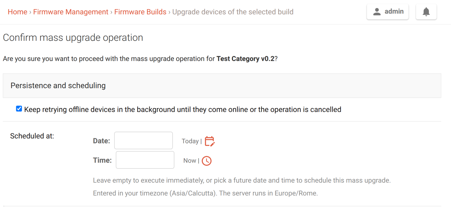 Choosing a scheduled time on the mass upgrade confirmation page