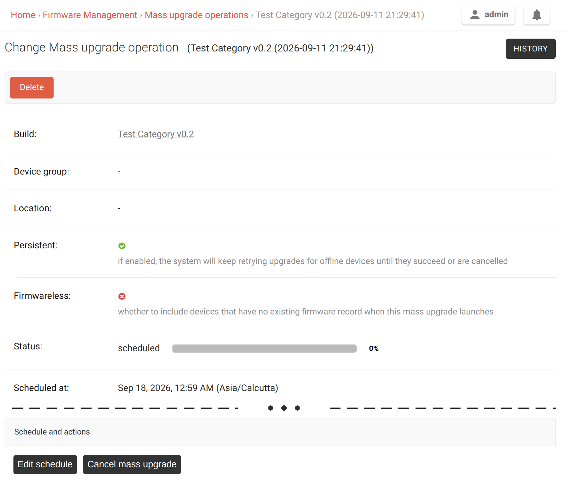 A scheduled batch showing its status, scheduled time and edit/cancel actions