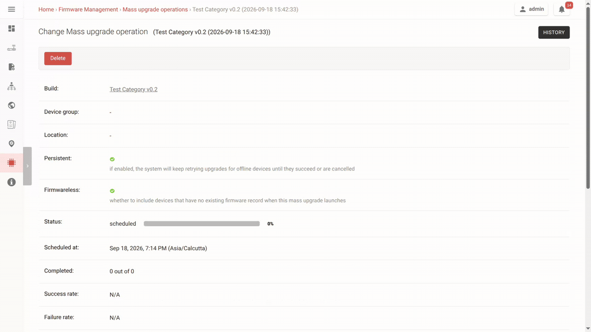 A scheduled batch launching on its own, flipping to in-progress with the "has started" notification