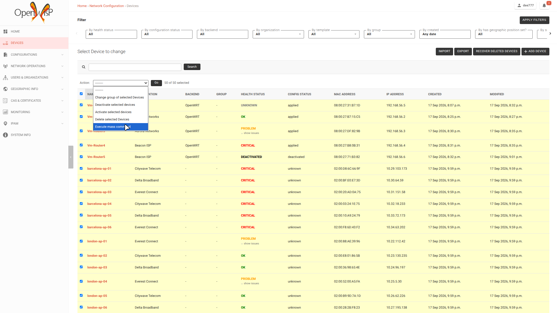 Execute mass command action on the device list in OpenWISP