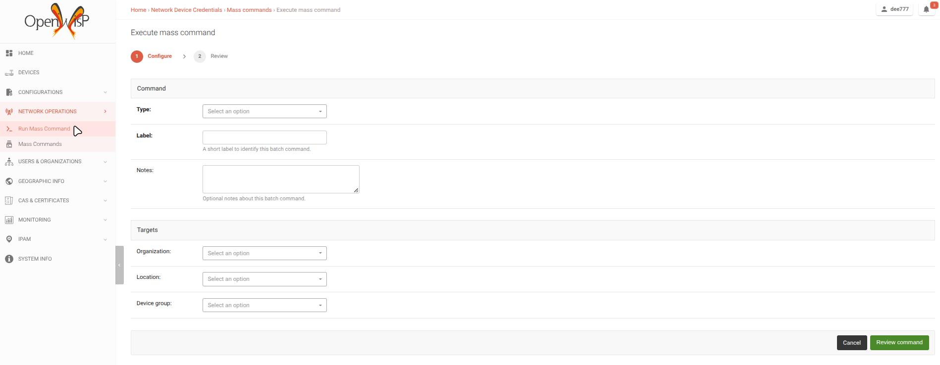 First step of the mass command workflow in OpenWISP