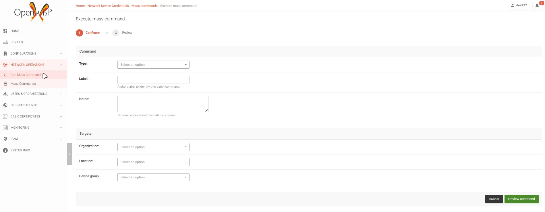 First step of the mass command workflow in OpenWISP