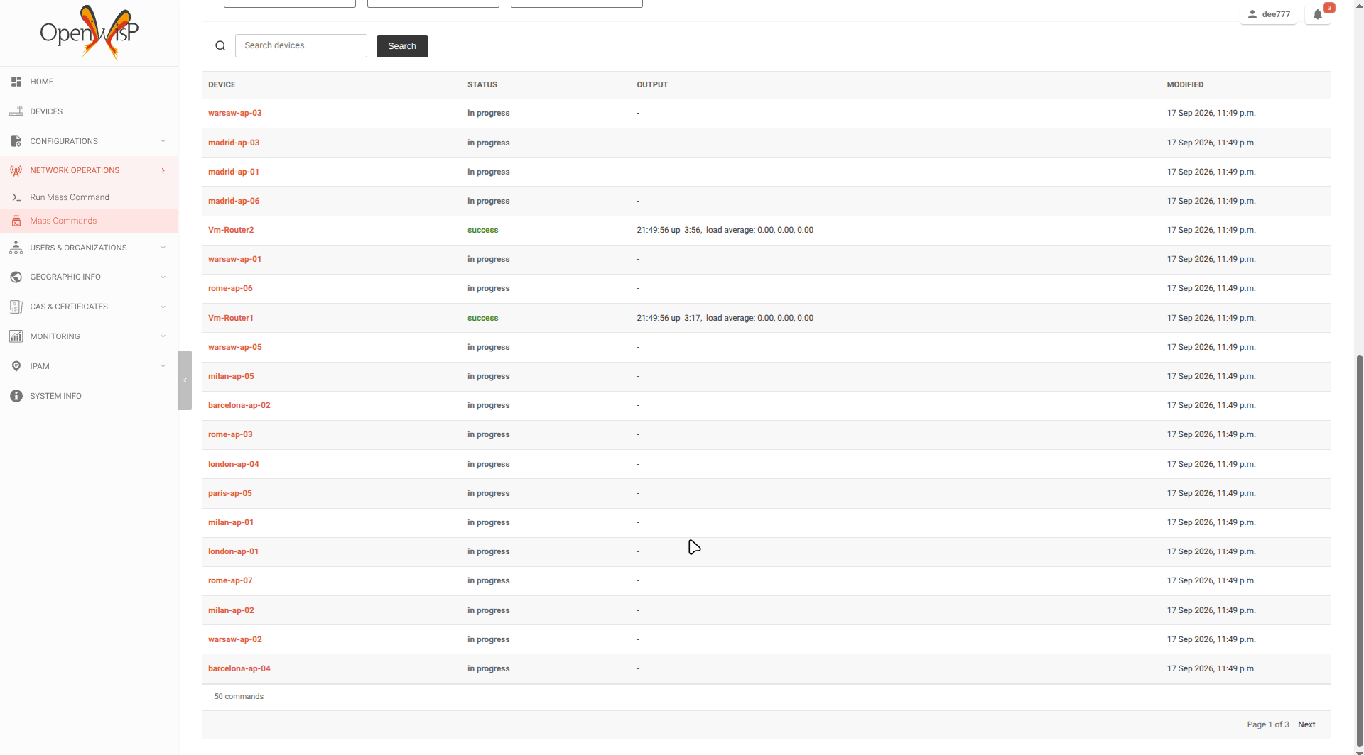 Mass command results updating in real time in OpenWISP