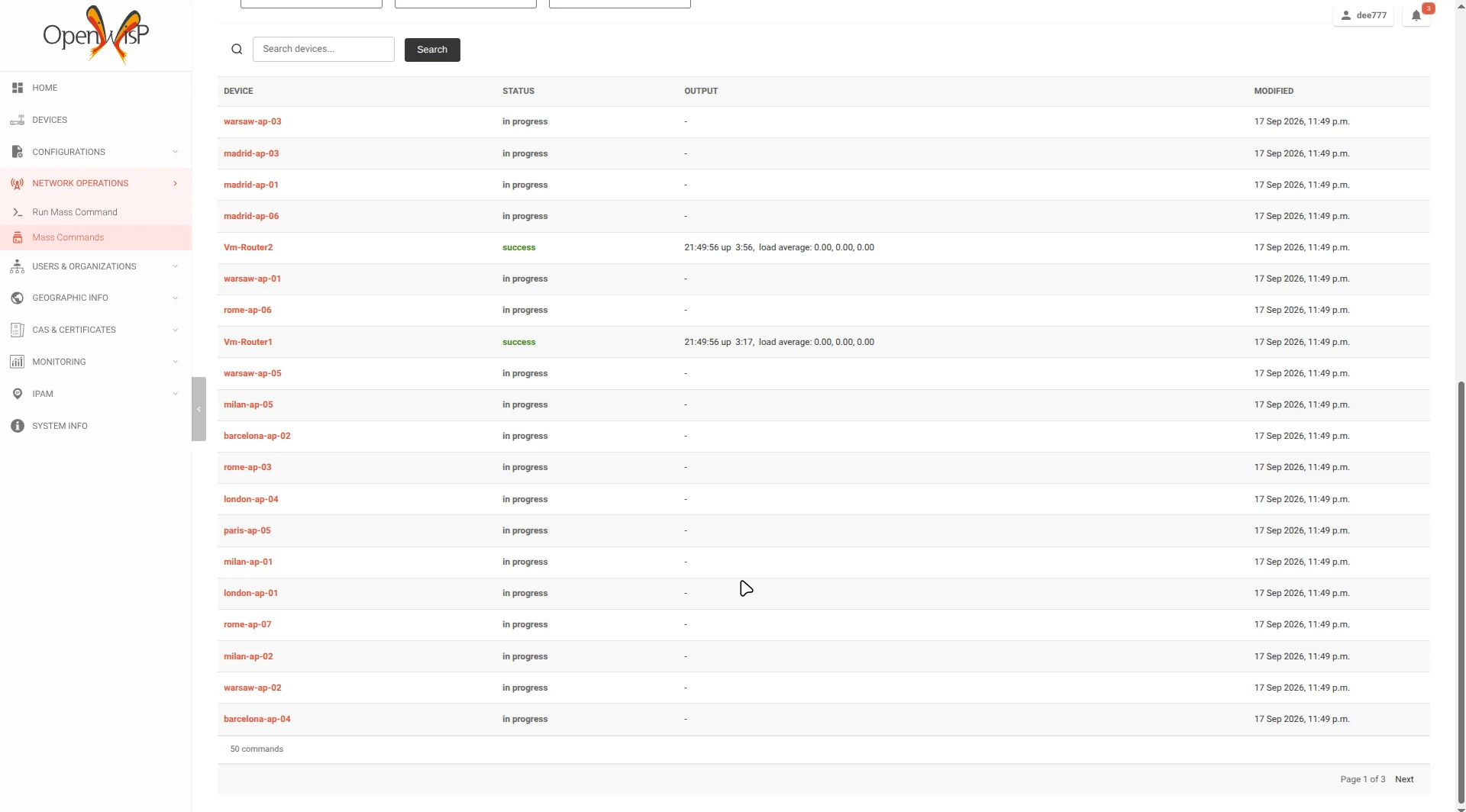 Mass command results updating in real time in OpenWISP