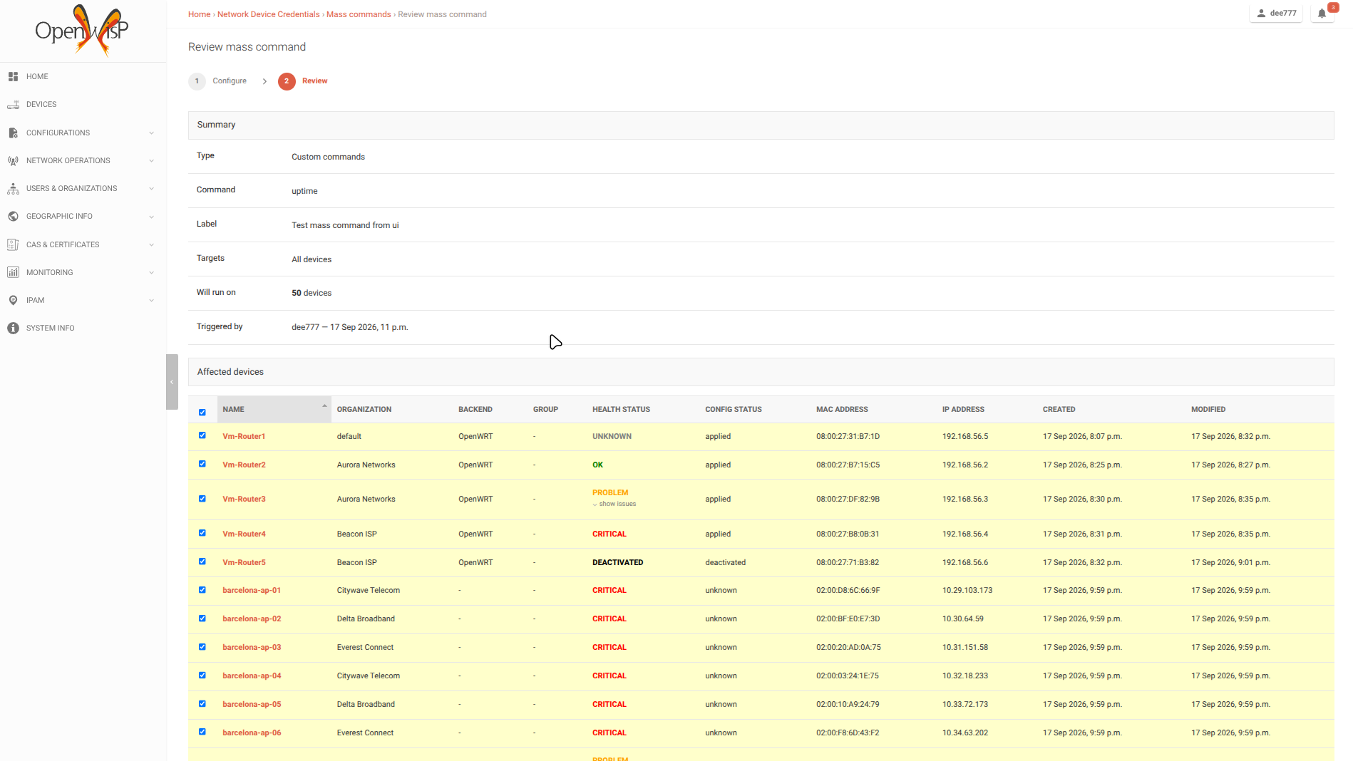 Review step of the mass command workflow in OpenWISP