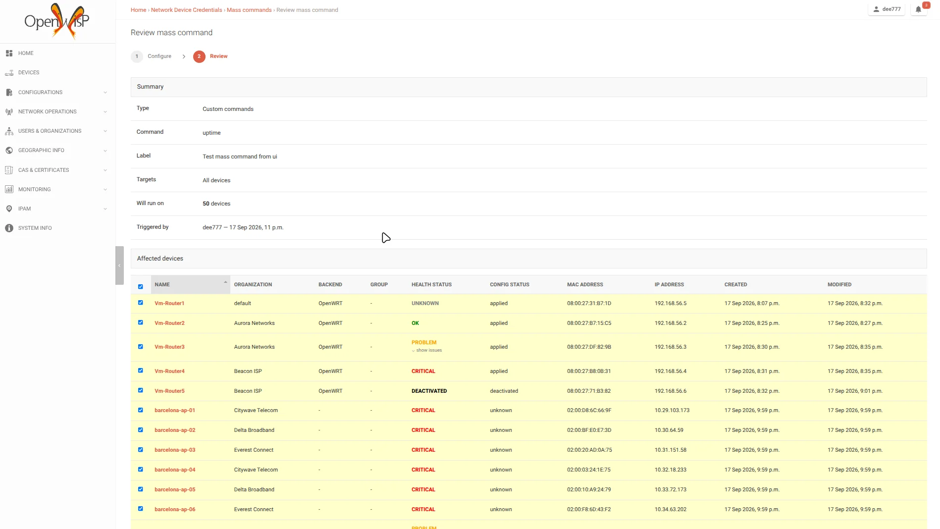 Review step of the mass command workflow in OpenWISP
