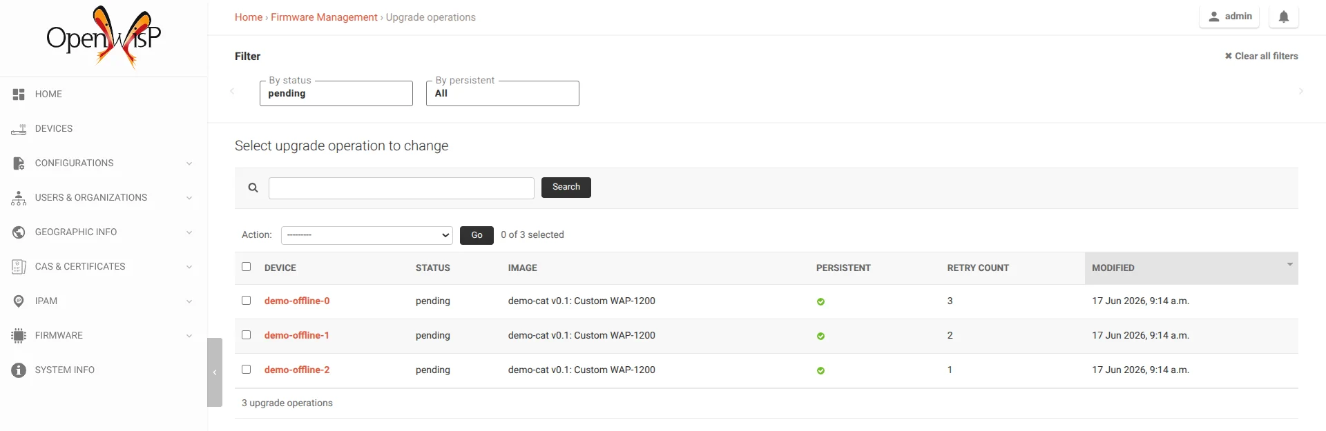 Upgrade operations filtered to pending, showing the persistent flag and retry count