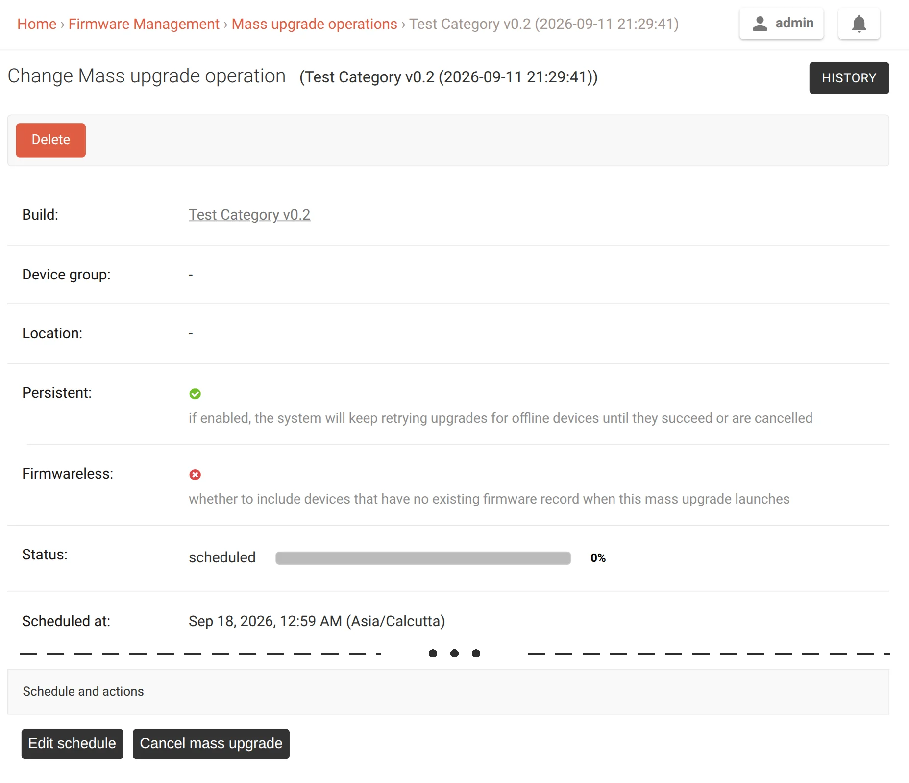 A scheduled batch showing its status, scheduled time and edit/cancel actions