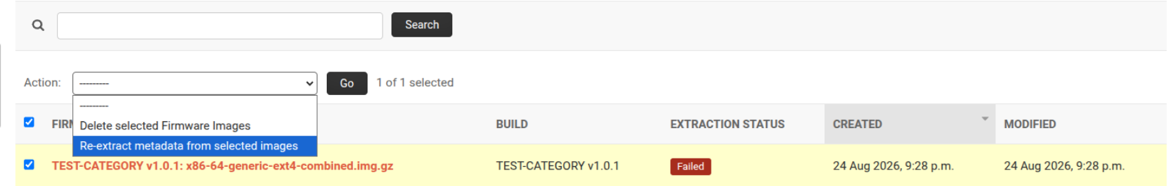 Re-extract metadata bulk action in the FirmwareImage changelist, with a failed image selected