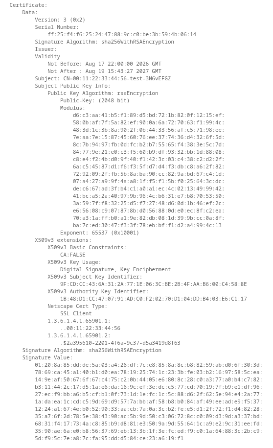 Generated X.509 certificate showing the custom OpenWISP device OIDs
