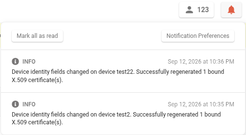 OpenWISP notification reporting that a device's X.509 certificate was regenerated after its identity fields changed