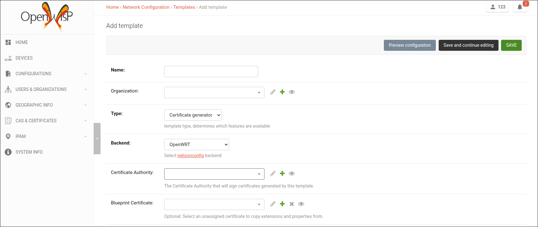 Adding a Certificate generator template in the Django admin, showing the Certificate Authority and Blueprint Certificate fields