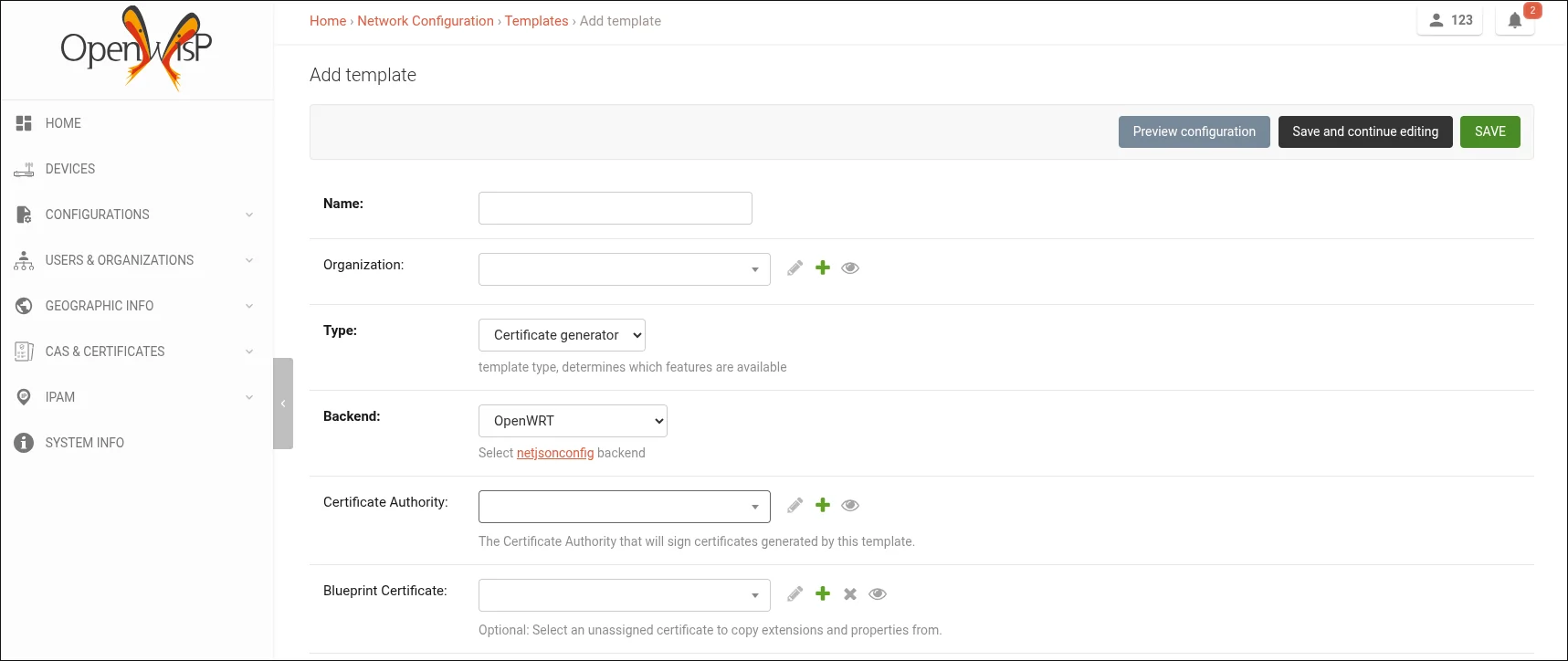 Adding a Certificate generator template in the Django admin, showing the Certificate Authority and Blueprint Certificate fields